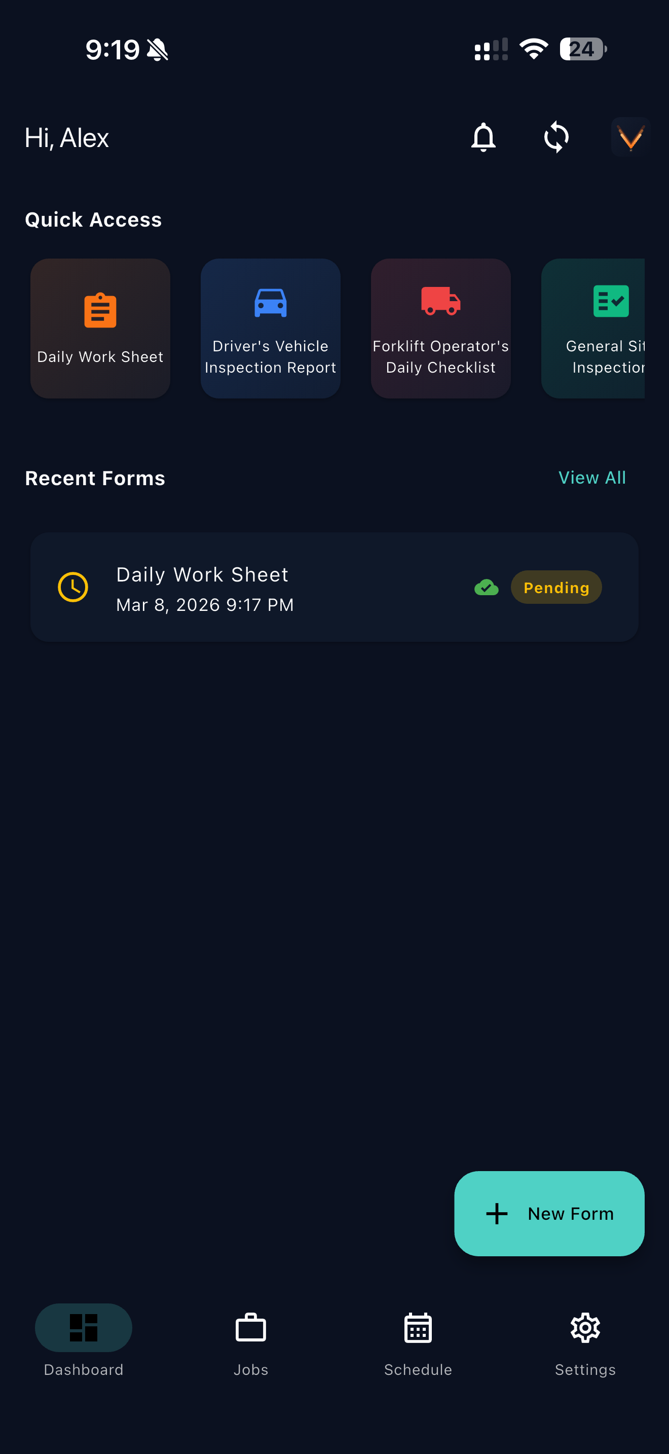 VeldOps app dashboard showing forms, jobs, and offline capabilities